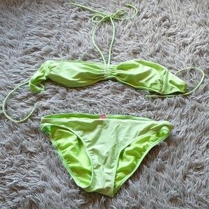 Y2K 2000s Neon Lime Green Barbiecore Tropical Bandeau Halter Top Bikini